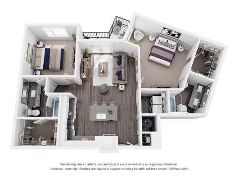 The Overlook | Glenn Perimeter A 3D floor plan of a house with a kitchen, living room, and bedrooms.